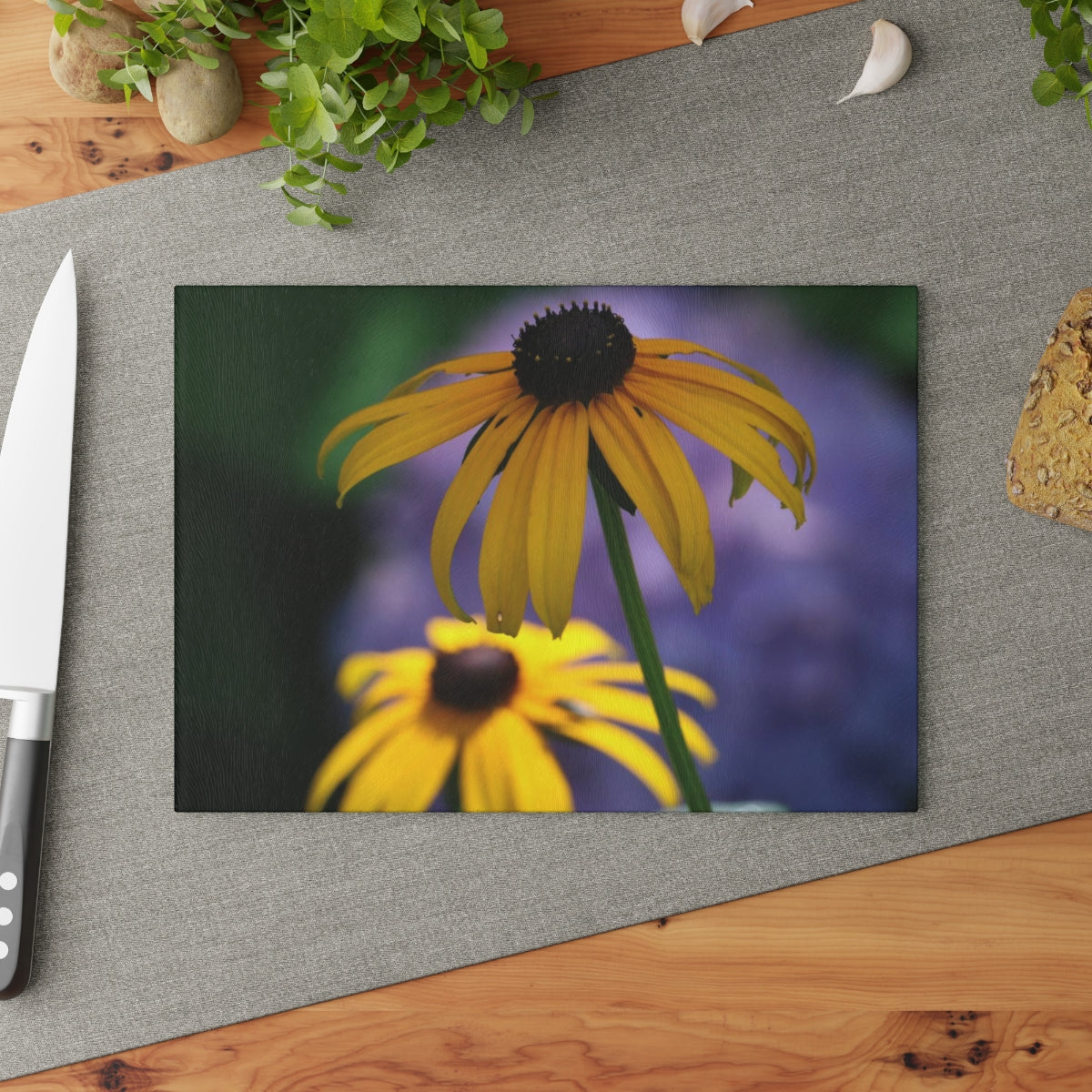 NN Glass Cutting Board 2 Black Eyed Susans & Purple