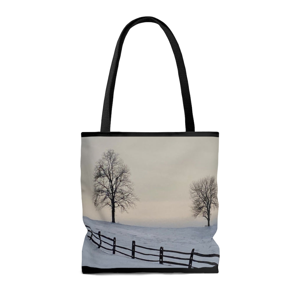 NN AOP Tote Bag Two Trees & Fence On Snow Hill