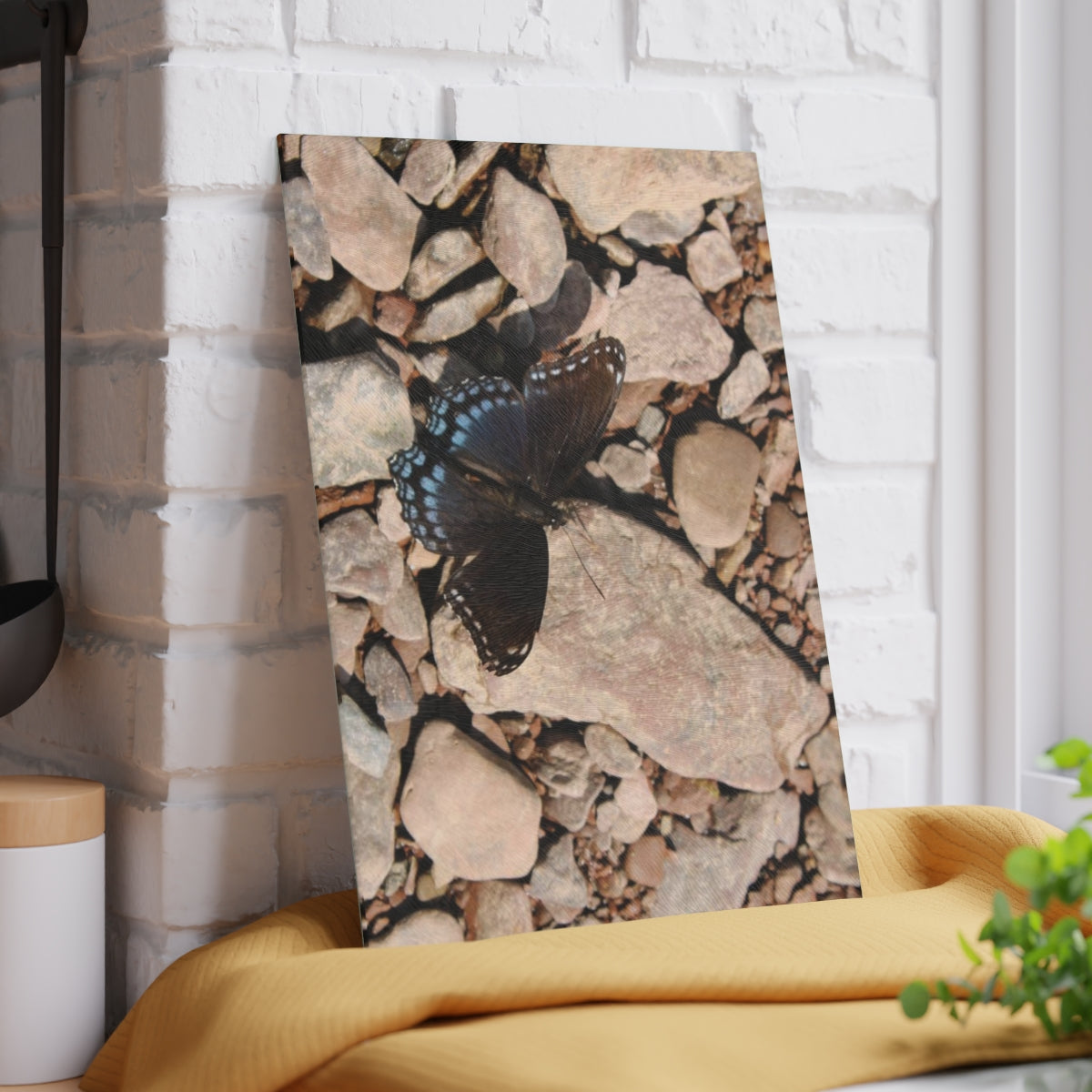NN Glass Cutting Board Blue Butterfly On Rocks