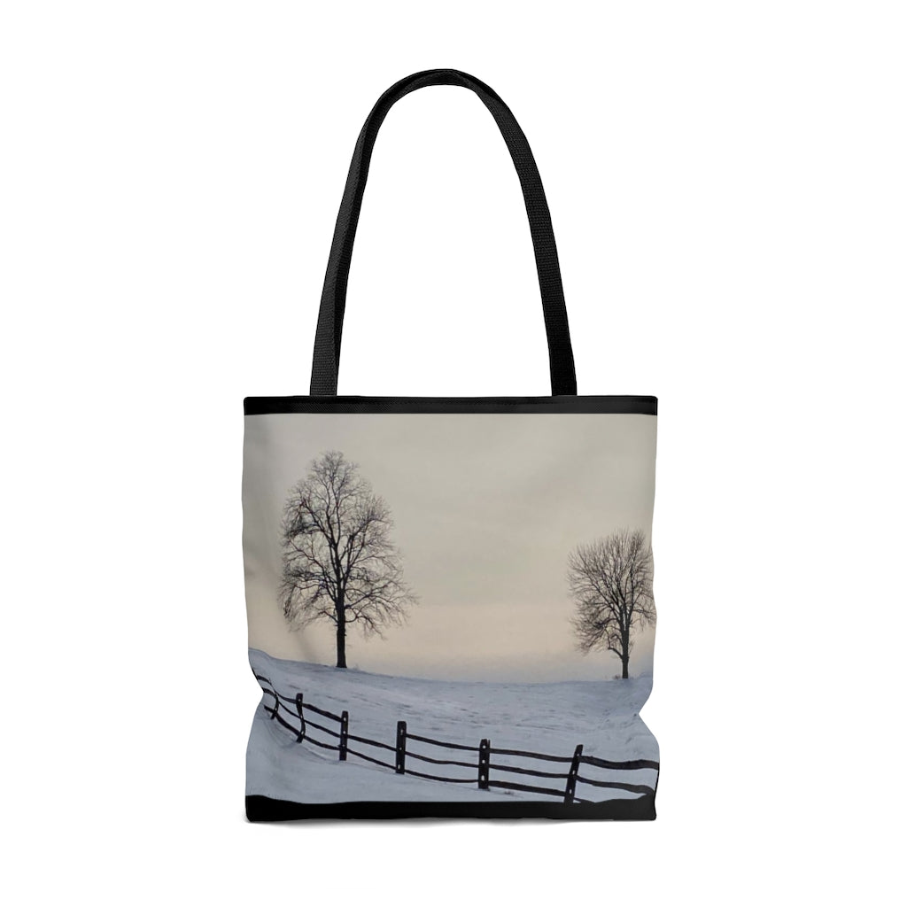 NN AOP Tote Bag Two Trees & Fence On Snow Hill