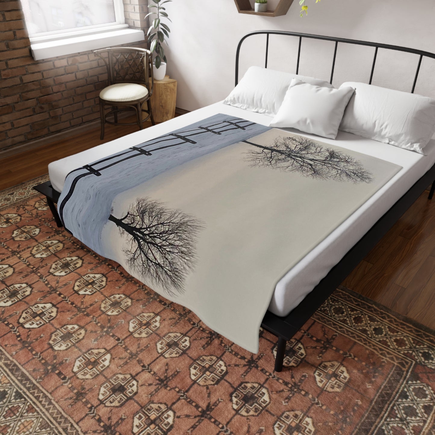 NN Plush Fleece Blanket Two Trees & Fence On Snow Hill