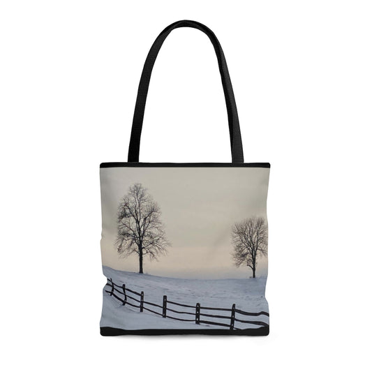 NN AOP Tote Bag Two Trees & Fence On Snow Hill