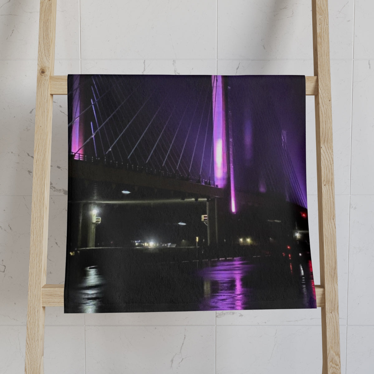 NN Fishing Hand Towel (V) DE Purple Lit Bridge In Storm