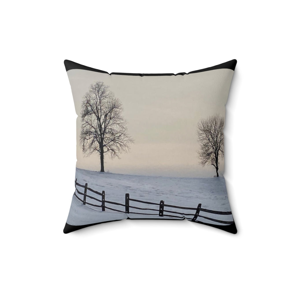 NN Spun Polyester Square Pillow Two Trees & Fence On Snow Hill