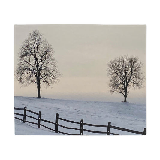 NN Plush Fleece Blanket Two Trees & Fence On Snow Hill